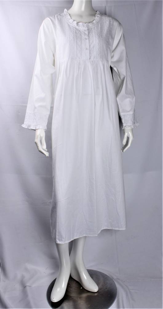 Cotton poplin winter L/S nightie w embroidered floral yoke and cuffs  white Style :AL/ND-452